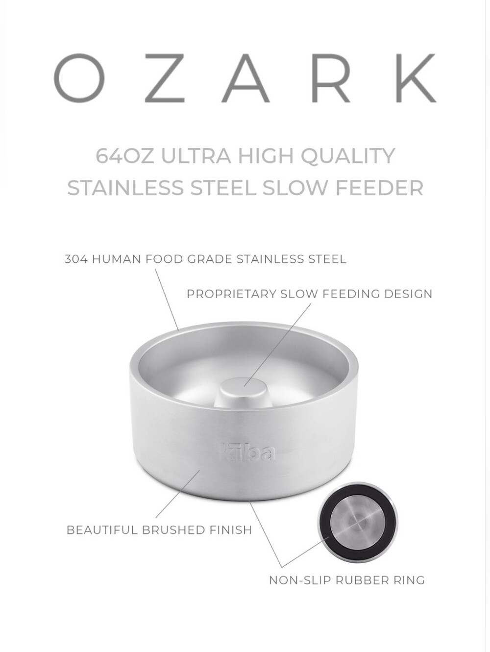 Ozark Kiba 304 Stainless Steel Slow Feeder Dog Bowl 8" Non-Slip - Picture 2 of 11